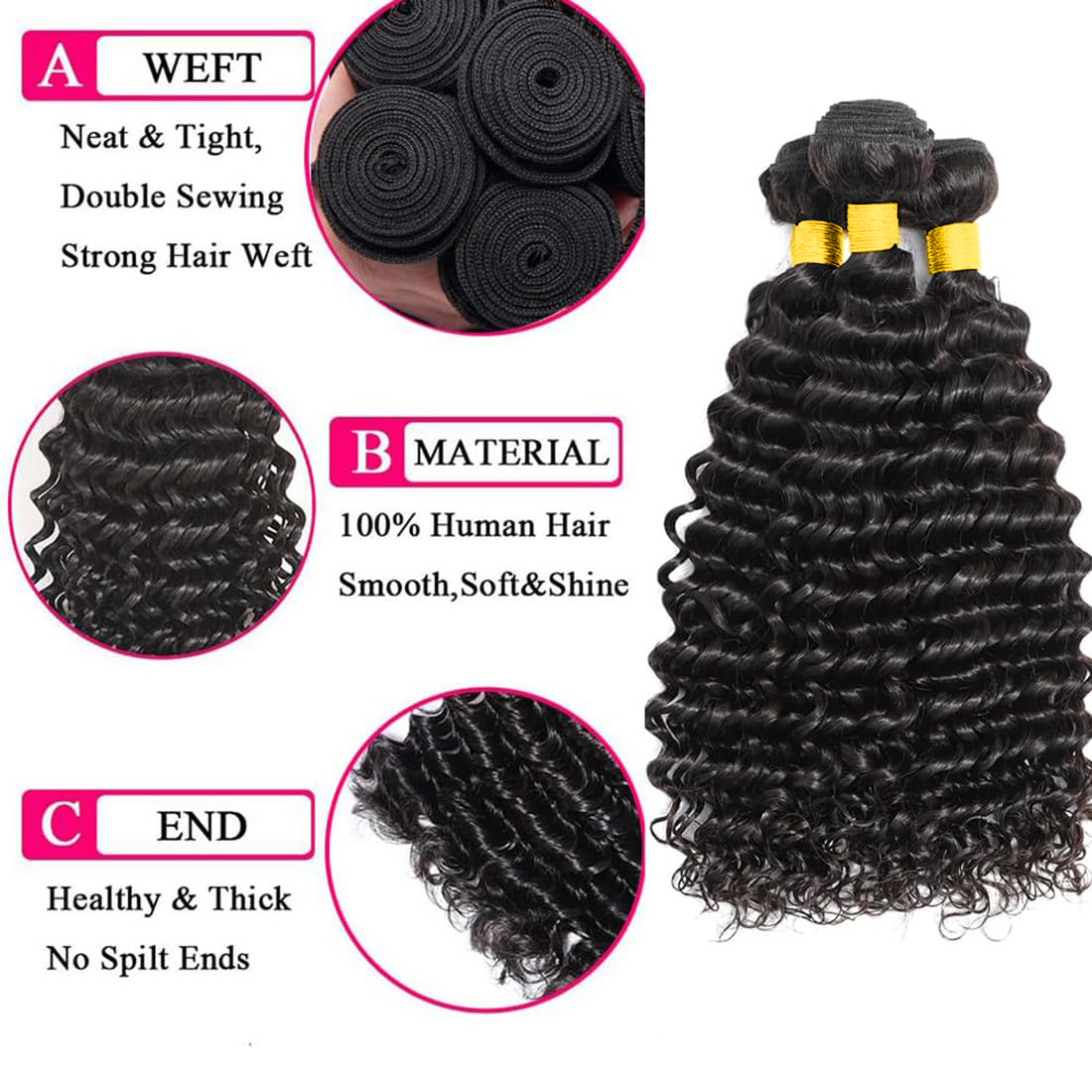 Human Hair Bundles with Closur - Deep Wave 3 Bundles With Closure recension och pris